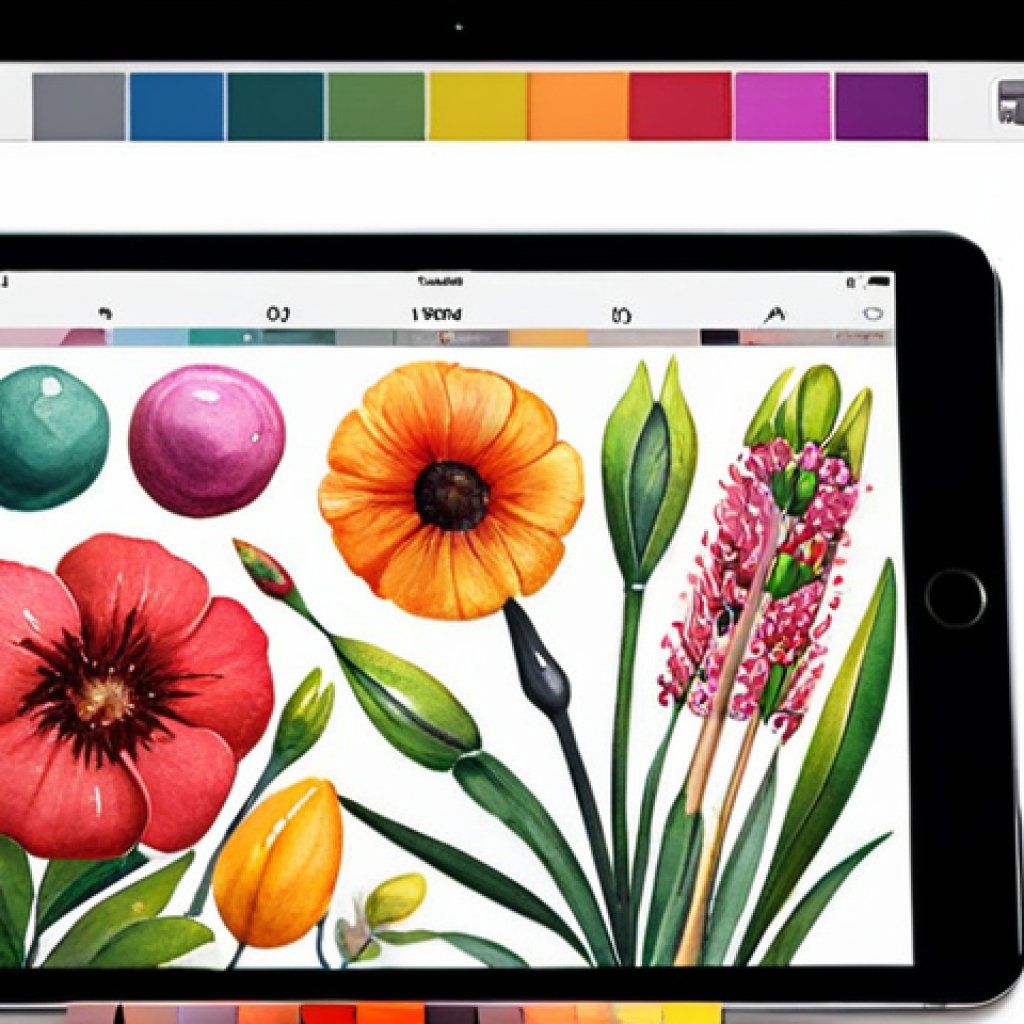 Custom Procreate Brushes**

Prompt: "Close-up shot of an iPad screen running Procreate. Focus on a variety of custom-designed brushes being used to create a digital watercolor painting. Show the brush settings panel with sliders and options visible.  Vibrant, artistic, digital art.  Inspired by Creative Market and Etsy brush sets."

**