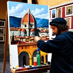 **A Renaissance artist in Florence**, surrounded by paint, brushes, and canvases, inspired by the architecture and vibrant colors of the city. Focus on the artist's emotion and the historical context.