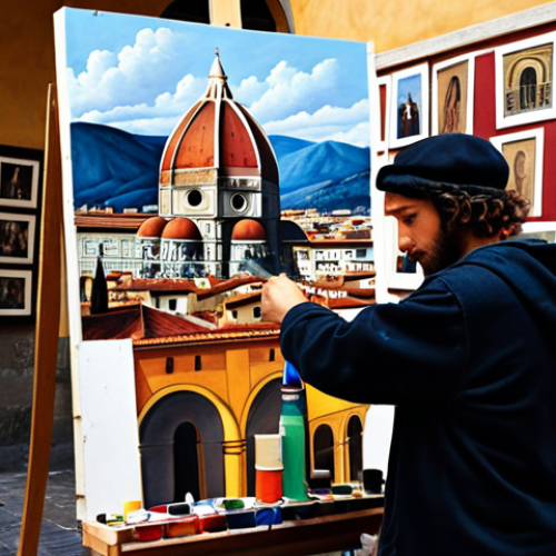 Home 6 **A Renaissance artist in Florence**, surrounded by paint, brushes, and canvases, inspired by the architecture and vibrant colors of the city. Focus on the artist's emotion and the historical context.