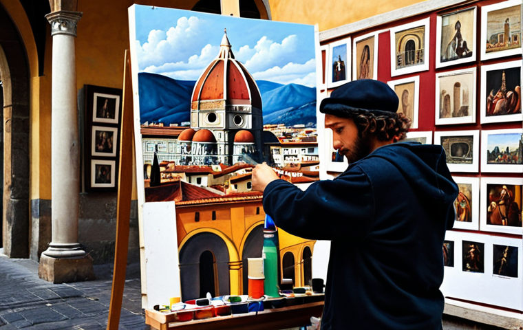 **A Renaissance artist in Florence**, surrounded by paint, brushes, and canvases, inspired by the architecture and vibrant colors of the city. Focus on the artist's emotion and the historical context.