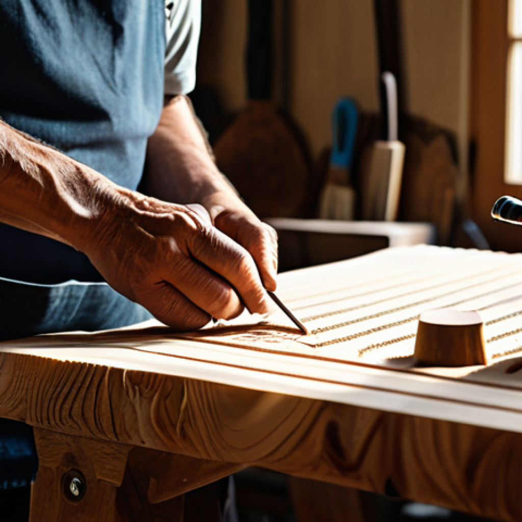 A professional artisan, fully clothed in modest, appropriate attire, meticulously carving a piece of natural wood with detailed focus in a sunlit, calm workshop. The scene emphasizes the sensory experience and mindful concentration, with warm, natural light illuminating the textures of the wood and tools. Perfect anatomy, correct proportions, natural pose, well-formed hands, proper finger count, natural body proportions, professional photography, high quality, realistic, safe for work, appropriate content, family-friendly.