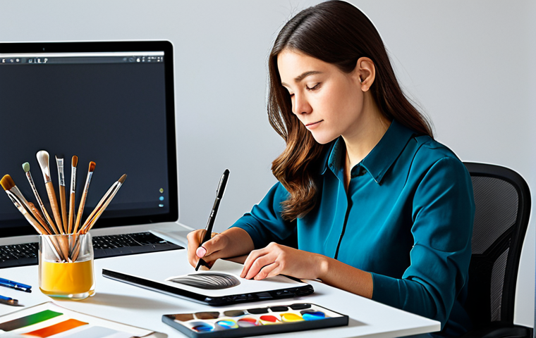 An insightful artist, fully clothed in modest, professional attire, sits at a modern desk, thoughtfully holding a graphic stylus over a luminous digital tablet. In the background, traditional art supplies like paint tubes and brushes are subtly visible, symbolizing the integration of classic and contemporary art forms. The artist's expression conveys a blend of deep concentration and the spark of new discovery. The studio setting is clean and well-lit with soft, natural light, emphasizing a professional and creative atmosphere. The image showcases perfect anatomy, correct proportions, well-formed hands, and natural body proportions in a natural pose, ensuring safe for work, appropriate content, and family-friendly imagery.
