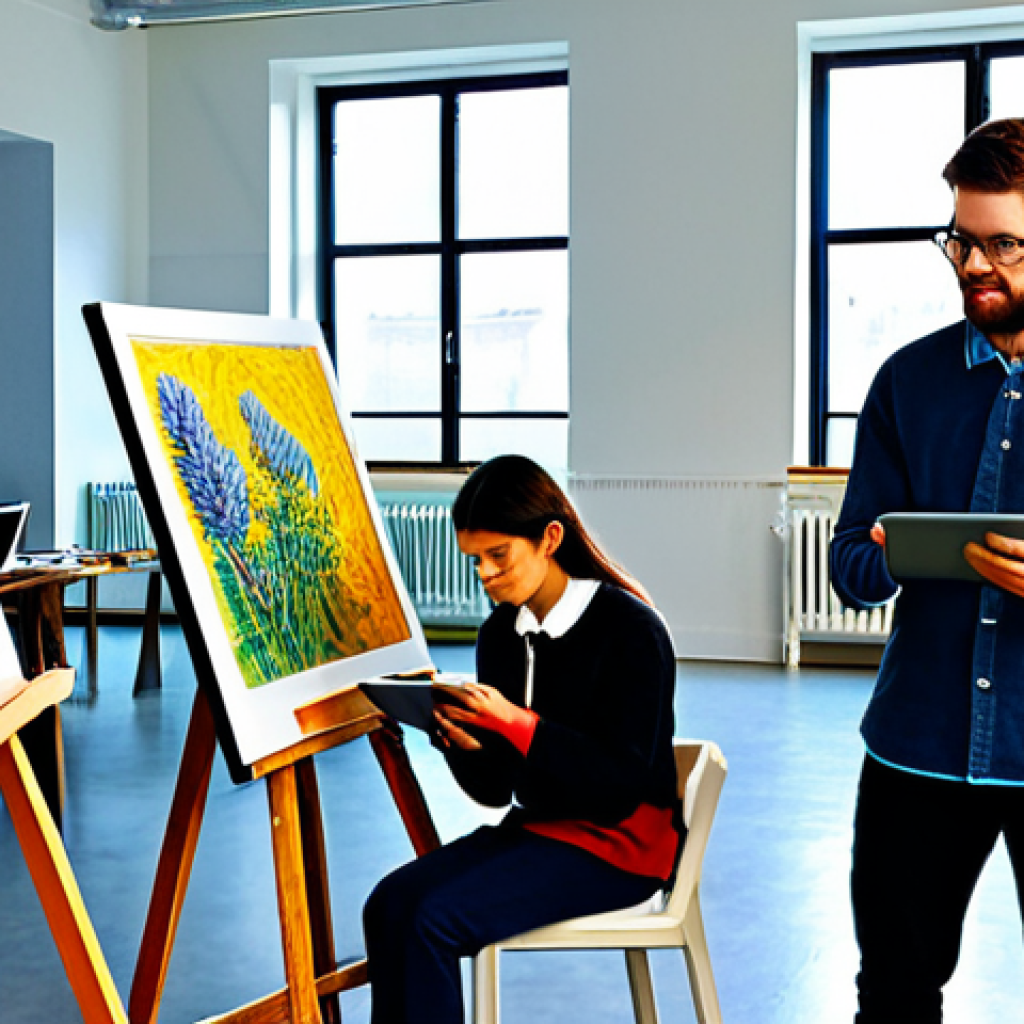 **Prompt for "The New Breath of Creative Expression" (Art Education Focus):**
    A diverse group of young adult students, fully clothed in modest, appropriate attire, actively collaborating in a bright, modern art academy studio. They are engaged in various creative learning tasks, with some sketching on traditional easels, others interacting with digital tablets displaying contemporary art, and a few discussing concepts. The studio setting features ample natural light, a variety of art supplies, and a large display screen showcasing a blend of historical masterworks alongside innovative digital art. The atmosphere is thoughtful and emphasizes critical thinking and personal expression. safe for work, appropriate content, fully clothed, professional, perfect anatomy, correct proportions, natural pose, well-formed hands, proper finger count, natural body proportions, high-quality, professional photography, family-friendly.