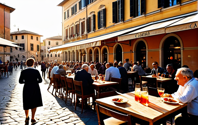**

"A bustling Italian piazza in the golden hour, filled with locals enjoying aperitivo. Sunlight streams through ancient buildings, casting long shadows. Tables are laden with Campari spritzes and antipasti.  Family-friendly atmosphere. Appropriate attire, safe for work. Perfect anatomy, natural proportions, professional photography, high quality."

**