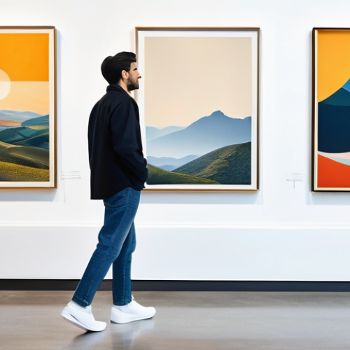 미술 교육과 예술 경매 - **Prompt:** "A young, diverse art enthusiast, dressed in stylish casual clothing (long-sleeved shirt...